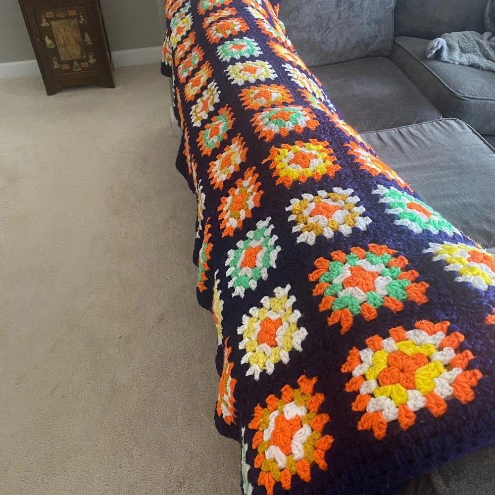 Vintage Afghan - Colorful Crochet Granny Square Blanket Throw EUC